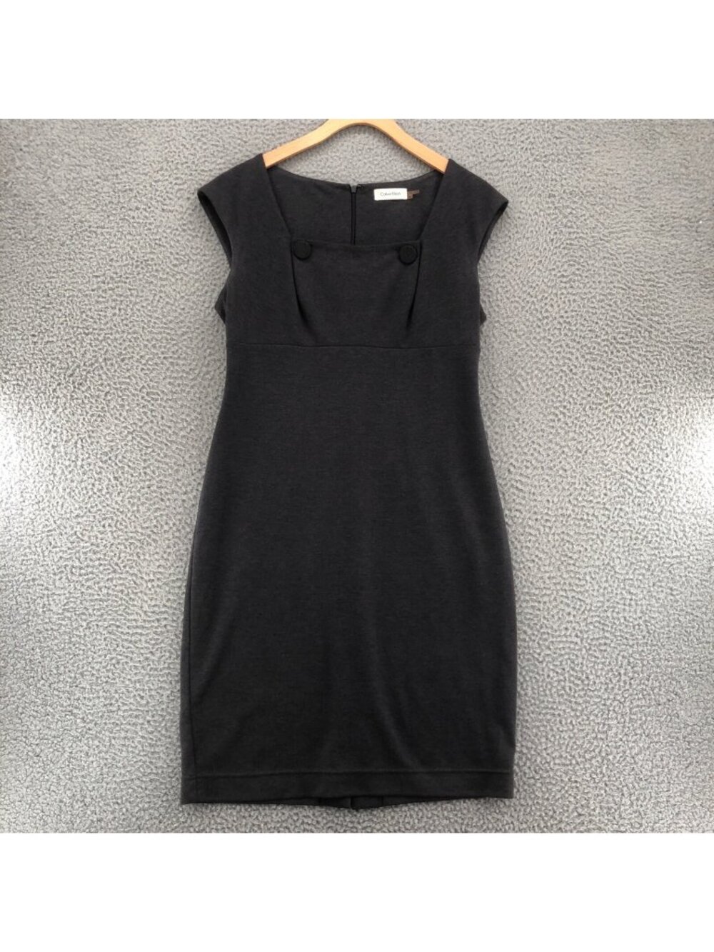 Calvin Klein Dress Womens 6 Gray Shift Knit Sleeveless Button Square Neck Career